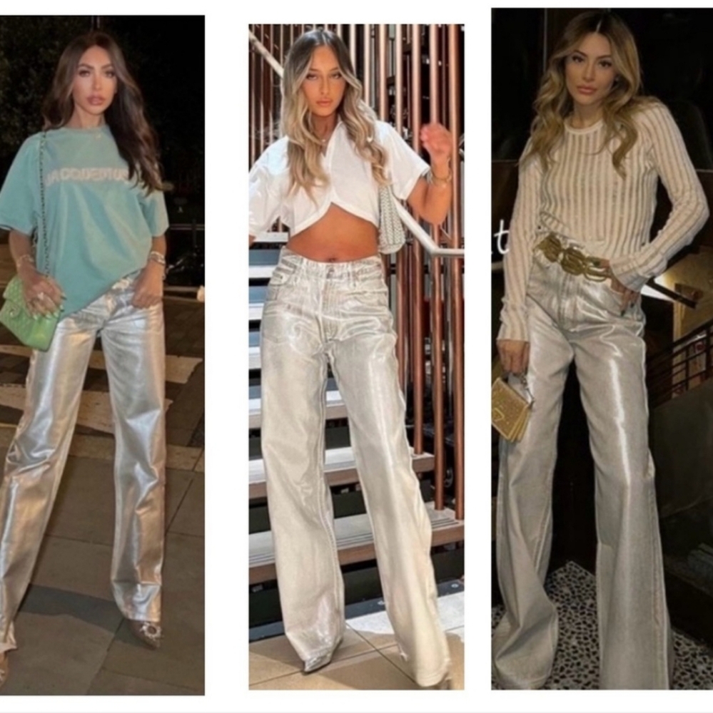 Zara Metallic Silver Flare & Wide Leg Jeans